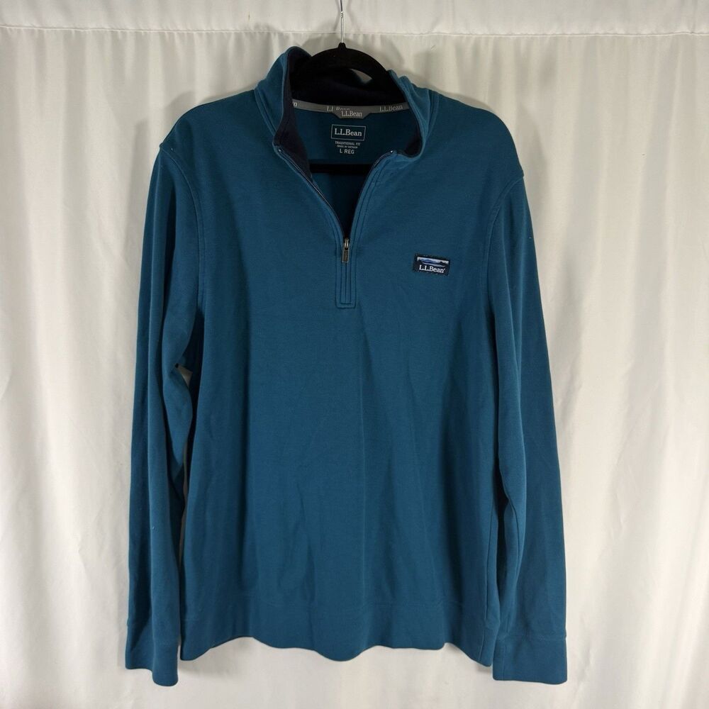 LL Bean Sweater Men's Large Teal 1/4 Zip Turtleneck Traditional Fit Cotton Blend